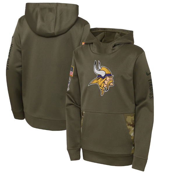 Youth Minnesota Vikings 2022 Olive Salute to Service Therma Performance Pullover Hoodie